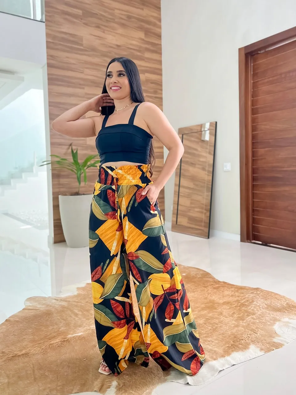 Calça Pantalona Estampada Calça Tecido Leve Estampada Calça