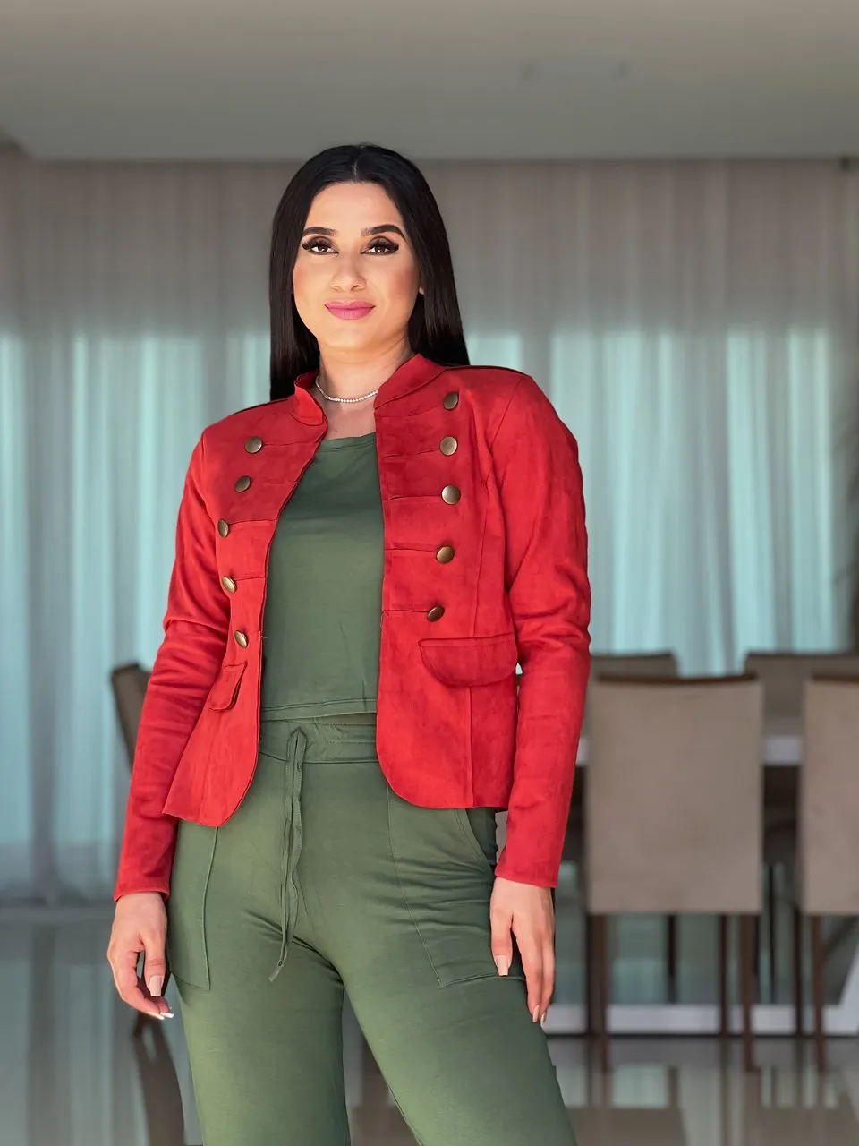 Casaco Feminino de Suede com Botões Bronze Vermelho Antonella