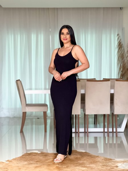 Vestido Longo Canelado algodão Recortes com Fenda Lateral Preto