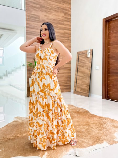 Vestido Longo De Al a Larga com Decote de Aro com Bojo Estampado