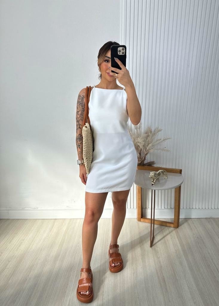 Vestido Curto Alfaiataria de Alça Branco Sofhi Iara Fashion