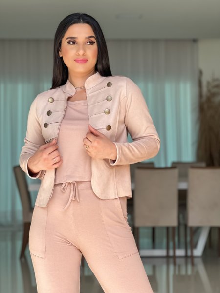Casaco Feminino de Suede com Botões Bronze Nude Antonella Iara