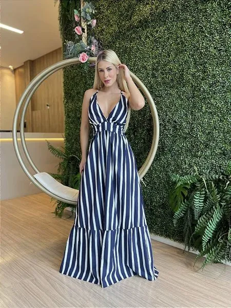 Vestido longo store azul e branco