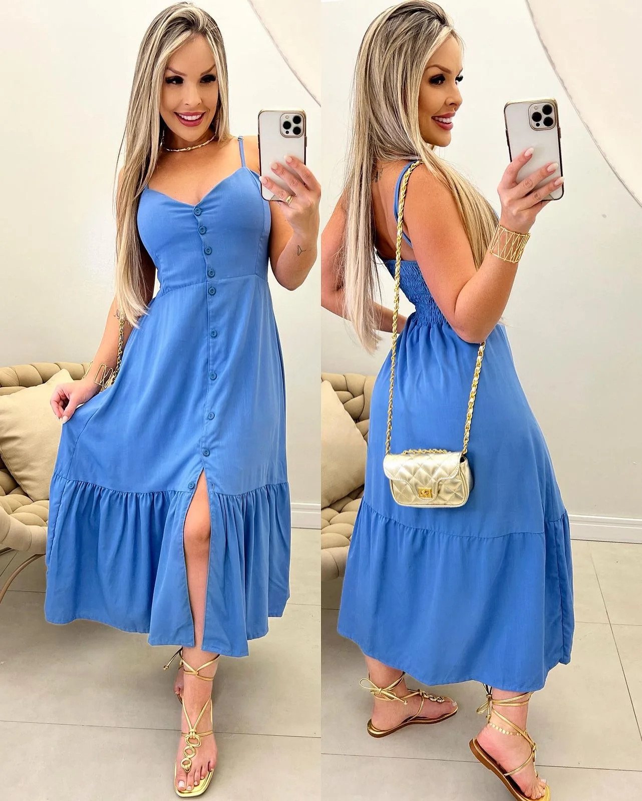 Vestido Midi Alça Azul com Botões - Joice | Iara Fashion