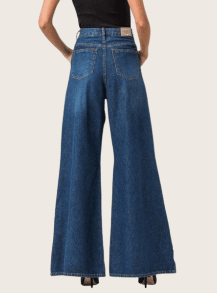 Calça Jeans Feminina Pantalona com Pregas