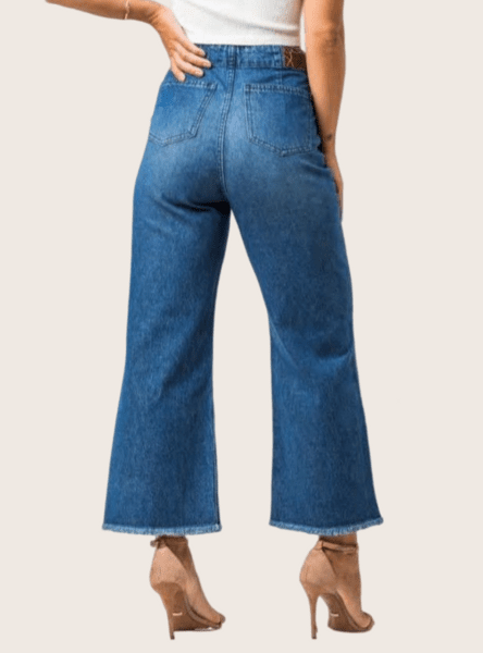 Calça Wide Leg Feminina Jeans com Friso Frontal
