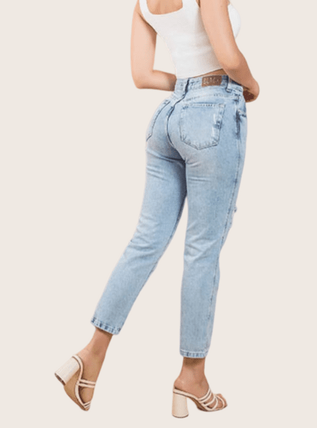 Calça Mom Jeans Feminina Com Puídos