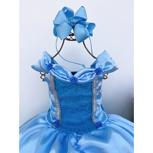 Kit Vestido festa infantil da Cinderela + saia de filó + Laço - Azul Claro
