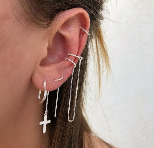 Brinco De Prata Piercing Corrente Orelha Cruz 925 Tendencia