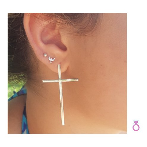 Brinco De Prata Piercing Corrente Orelha Cruz 925 Tendencia