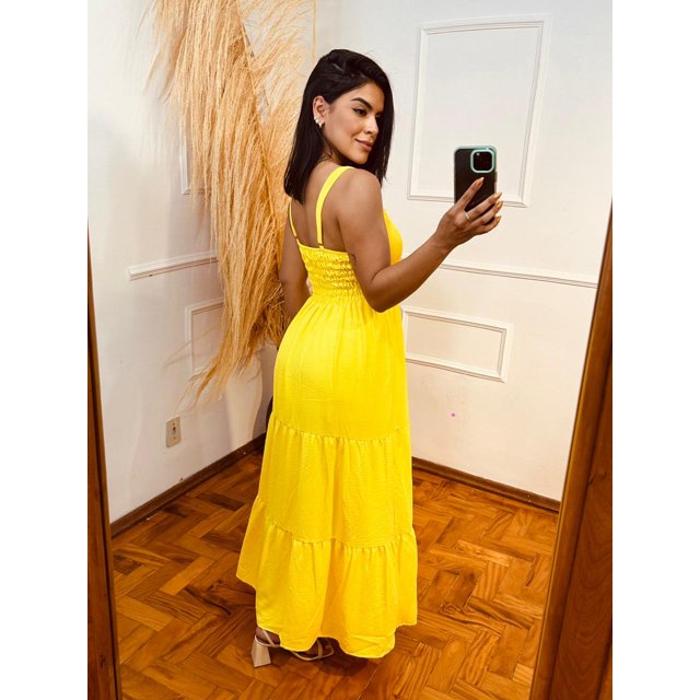 Vestido Midi Vestido Amarelo Liso Vestido Longo Alça E Lastex