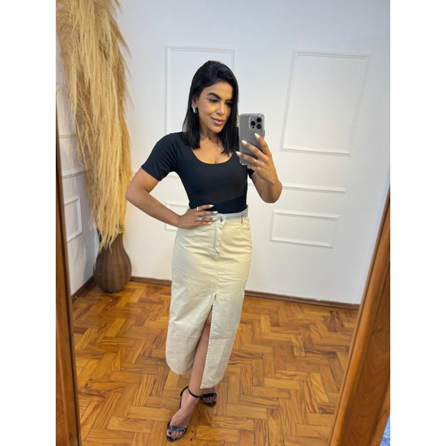 Saia Midi Bege Jeans com Fenda BY JACK PIMENTA
