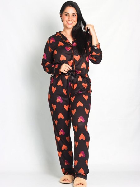 Pijama Americano Luiza Calça e Blusa Coração Safari Suede