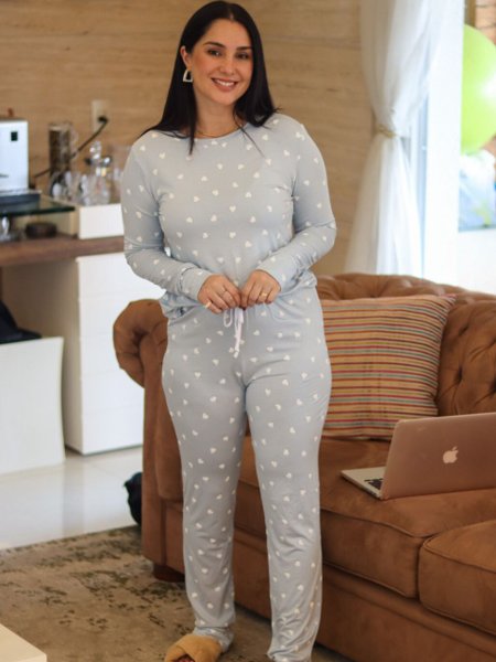 Pijama Manga Longa com Calça Coração Azul