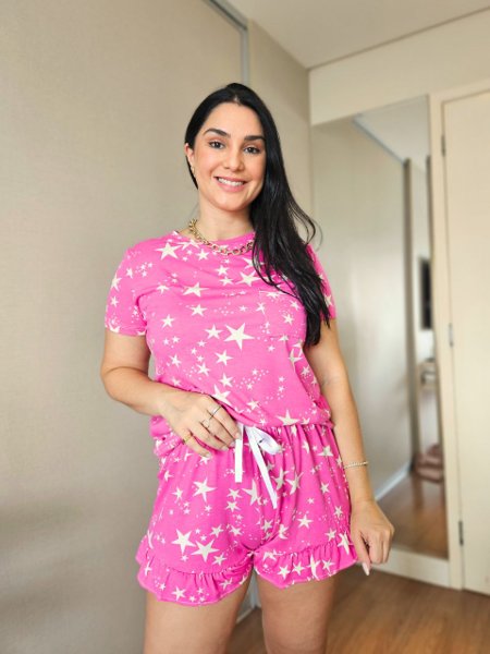 Pijama Manga Curta com Shorts Frufru Estrela Pink