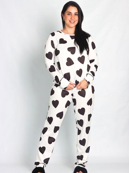 Pijama Manga Longa com Calça Coração Preto e Branco
