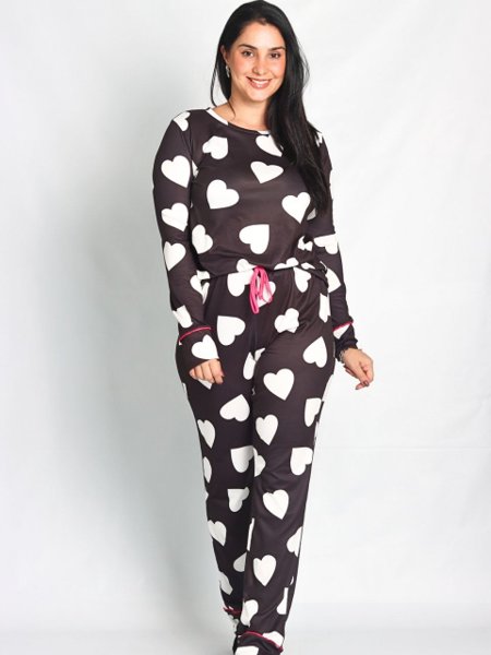 Pijama Manga Longa com Calça Coração fundo Preto