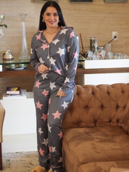 Pijama Americano Luiza Calça e Blusa Estrelas Cinza