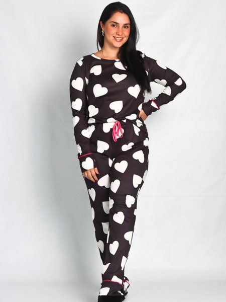 Pijama Manga Longa com Calça Coração fundo Preto