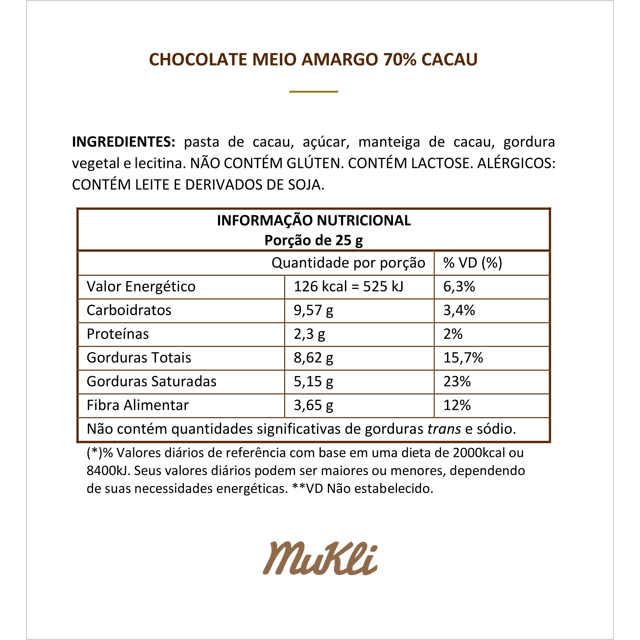 Chocolate Meio Amargo  70% Cacau - 80g