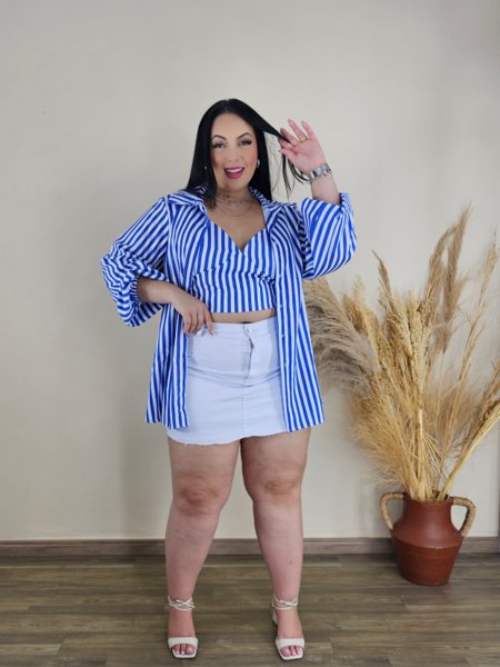Conjunto Feminino Plus Size Cropped e Camisa Listrado Kimono