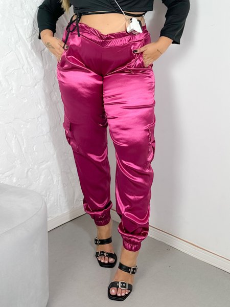 Calça Feminina Cetim Cargo Plus Size Jogger Gringa G1 G2 G3 (Calça