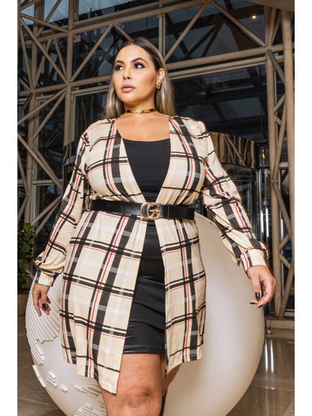 Blusa Plus Camisa Alongada Feminina Plus Size Xadrez Vermelha Plus