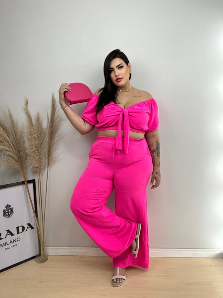 Conjunto Pantalona Plus Calça De Tecido Estampada Plus Size Veste