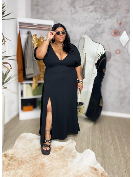 Plus Size Vestido Preto Decote Profundo Vestido Plus Size Decotado