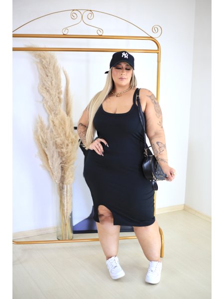 Plus Size Vestido Longo Canelado Com Fenda VESTIDO CANELADO