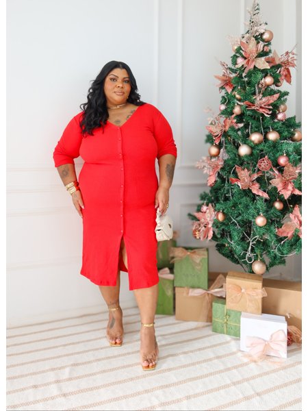 Vestido Plus Size Midi Manga Longa Tubinho de Botão Elegante