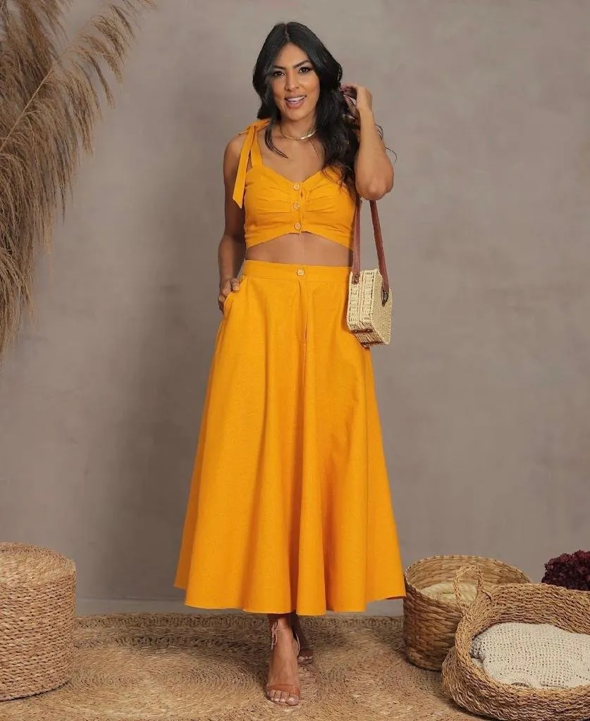 Saia Feminina Saia De Linho Mostarda Linho Cru Saia Midi Linho