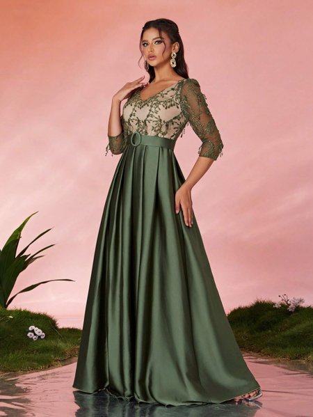 Vestido Longo de Festa Plus Size em Renda Oliva Dress Aurea