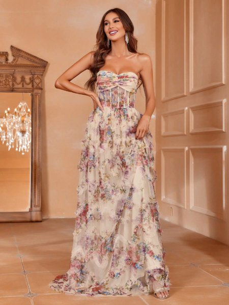 Vestido Longo Floral Casamento Dia Longo Estampado Floral Vestido
