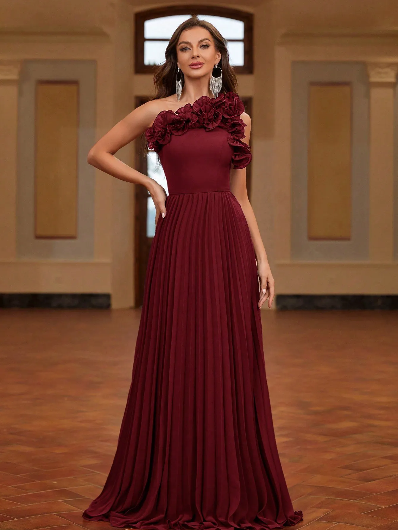 Aurea Dress Vestido Longo de Festa Plissado com Flores Aurea