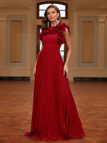 Aurea Dress Vestido Longo de Festa Plissado com Flores Aurea