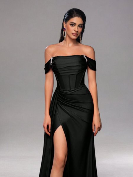 Decote Ombro Vestido Ombro A Ombro Preto Longo Vestido Longo De