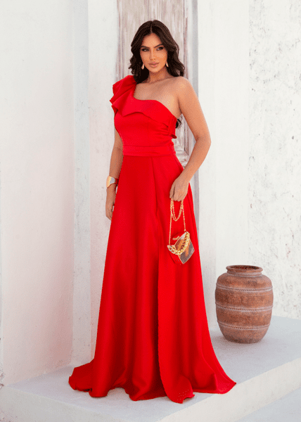 Vestido de Festa Um Ombro só com Babados Laura Aurea Dress