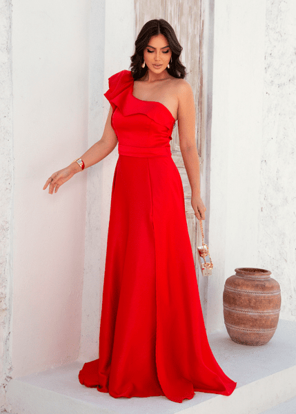 Vestido de Festa Um Ombro só com Babados Laura Aurea Dress