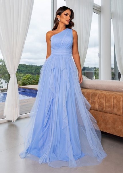 Vestido de Festa Alça Única Tule em Camadas Cascata Aurea Dress