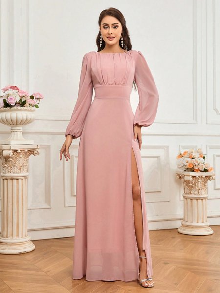 Rosa Fucsia Vestido Madrinha Manga Longa Rose Vestido De Festa