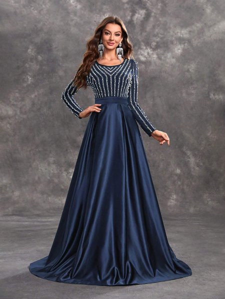 Vestido de Festa Manga Longa em Tule com Pérolas Aurea Dress