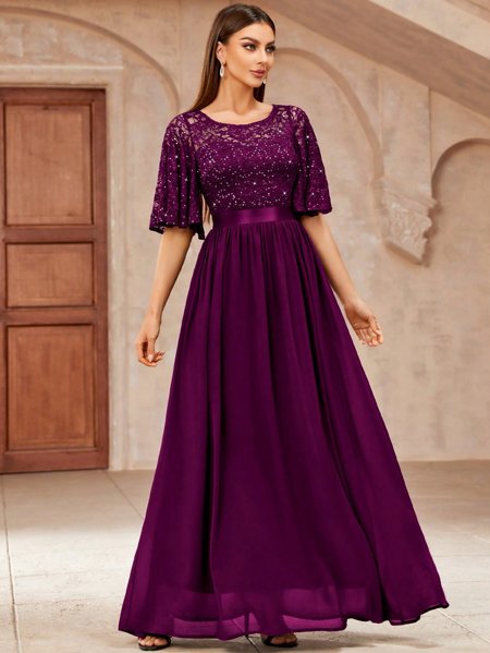 Cetim Vestido Longo Com Manga De Renda De Cetim Vestido Longo De