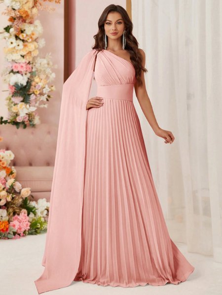 Vestido Longo de Festa Madrinhas Plissado com Capa Aurea Dress