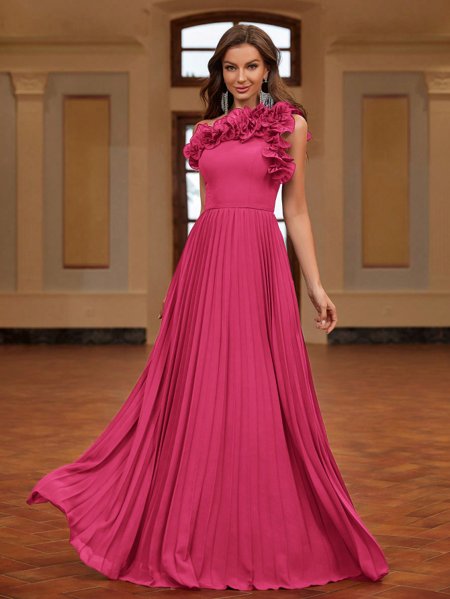 Aurea Dress Vestido Longo de Festa Plissado com Flores Aurea