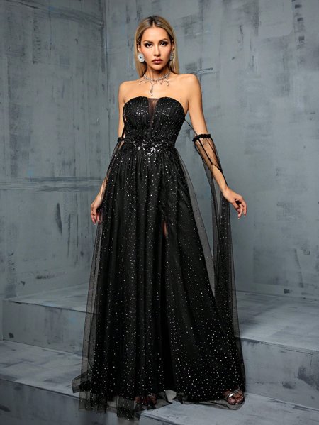 Vestido Longo de Festa Strapless com Brilho Black Aurea Dress