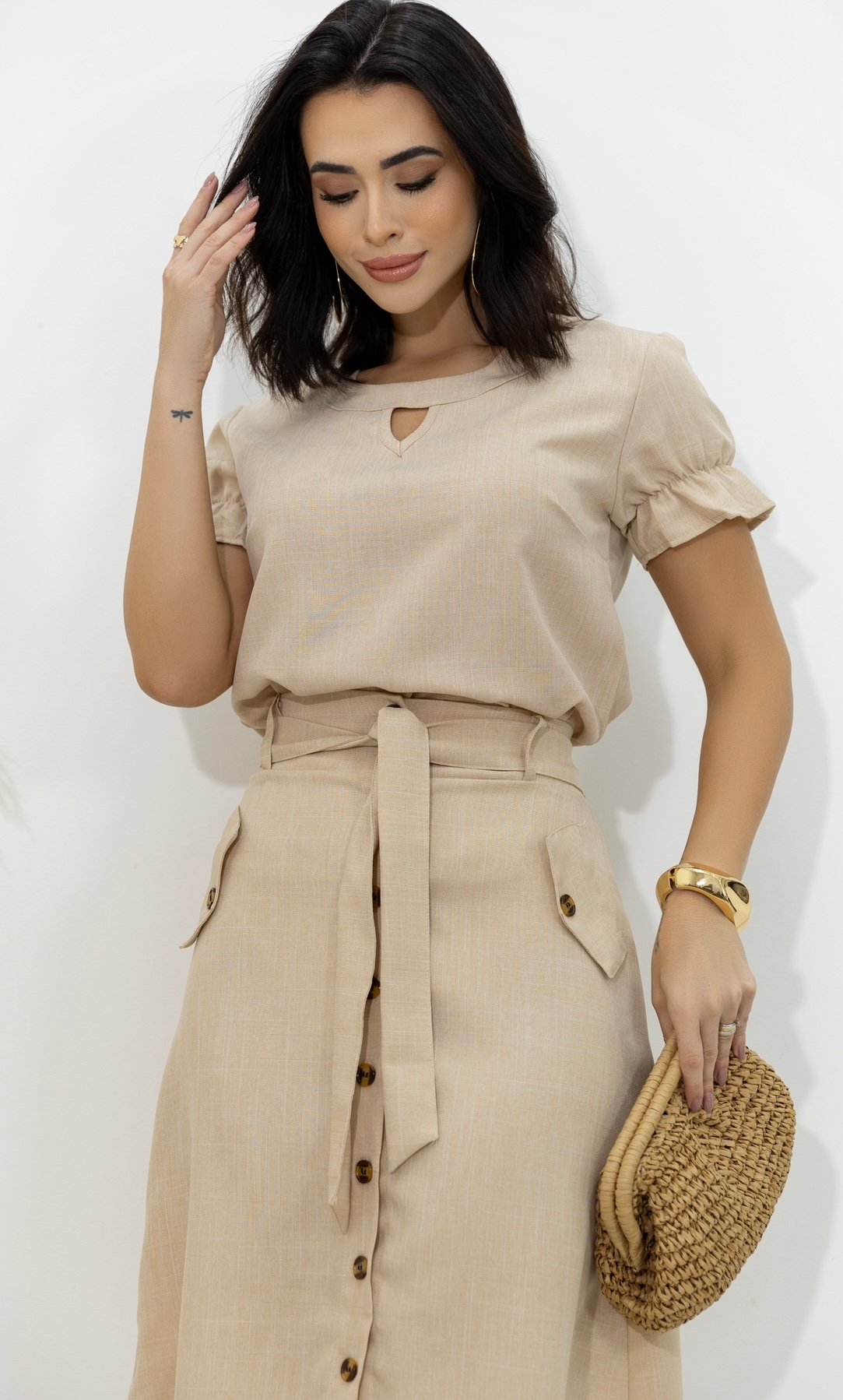 Conjunto Saia e Blusa Linho Decote Gota Nude - COLEÇÃO INDELÉVEL 2024