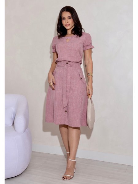 Conjunto Saia e Blusa Linho Decote Gota Rosa Queimado COLEÇÃO