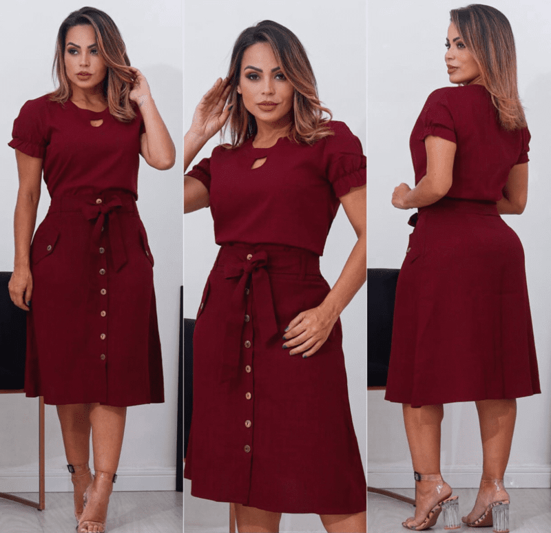 Conjunto Saia e Blusa Linho Marsala Vinho Mariana Caires