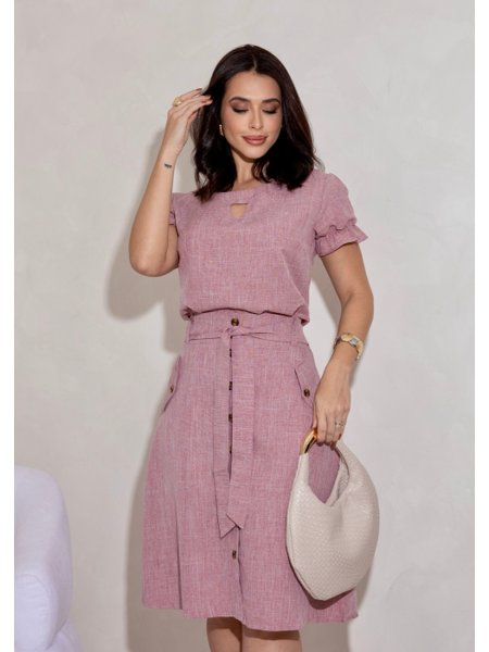 Conjunto Saia e Blusa Linho Decote Gota Rosa Queimado COLEÇÃO